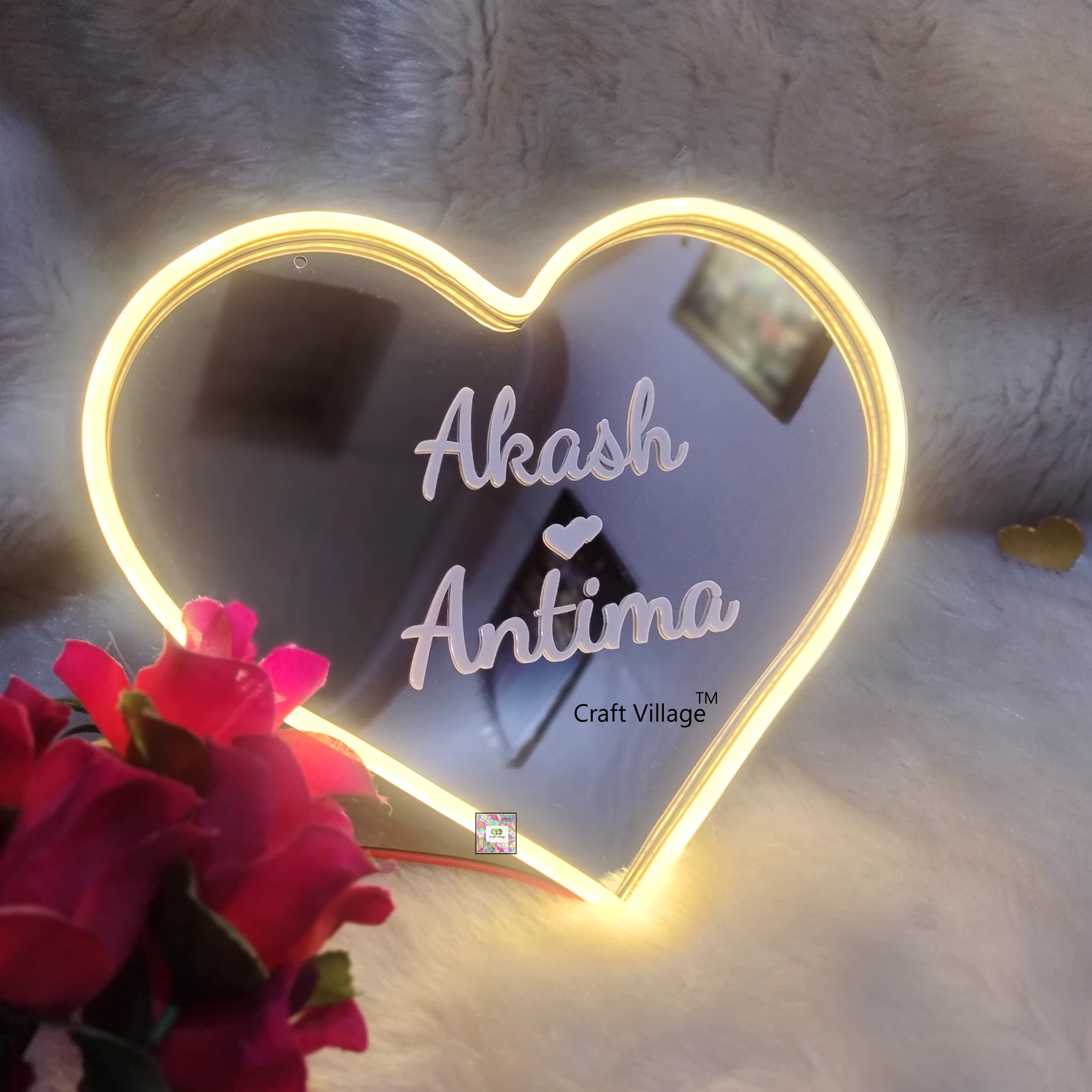Personalize Couple Name Heart Shape Mirror Lamp with Neon Light